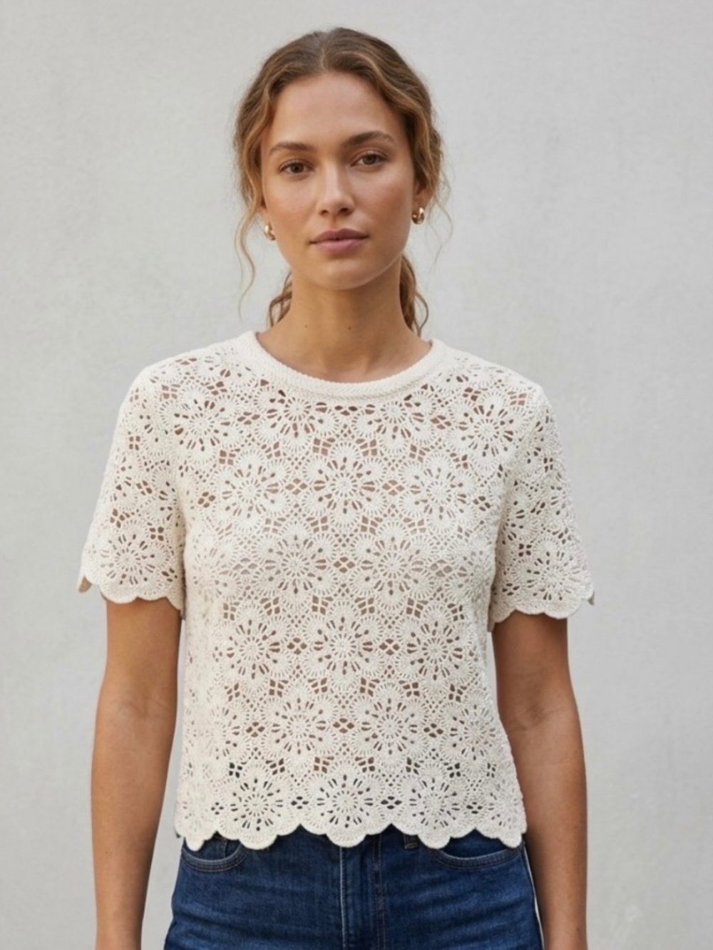 Abercrobie Ivory Floral Lace Crochet Top M Scalloped Coquette Boho Cottagecore